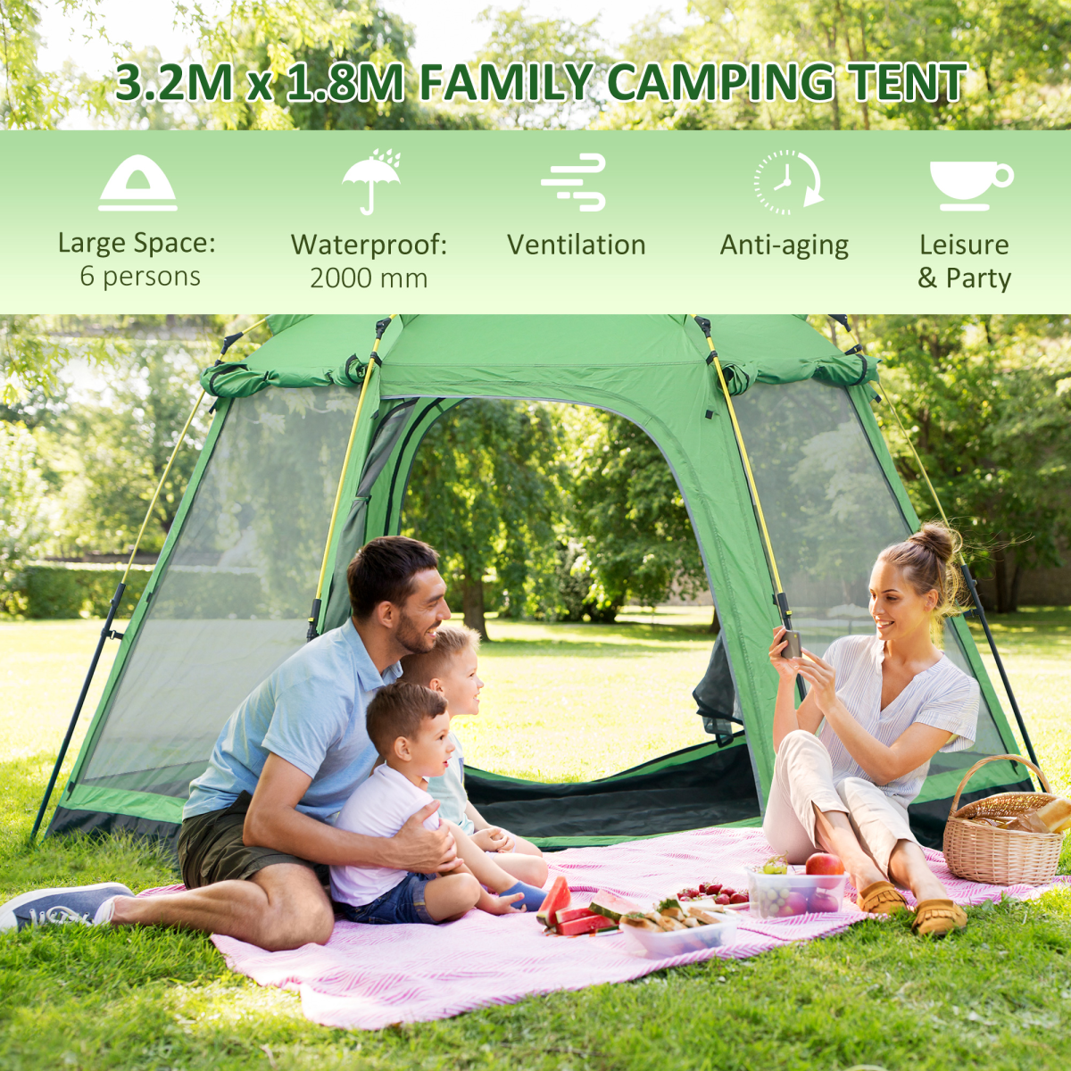 6 Person Camping Tent 2-Tier Pop-up Tent w/ Portable Carry Bag Outsunny
