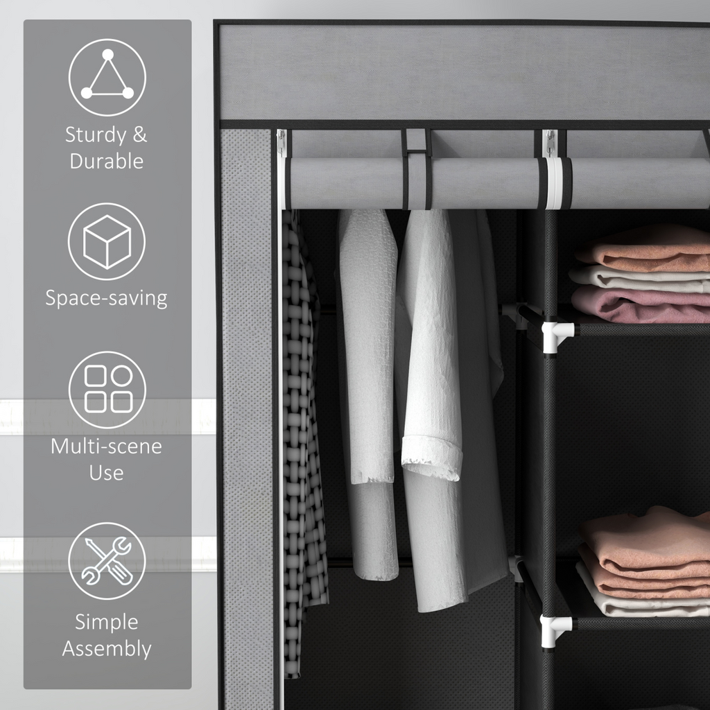 HOMCOM Portable Wardrobe w/ 5 Shelves 3 Fabric Drawers and 2 Hanging Rails Grey