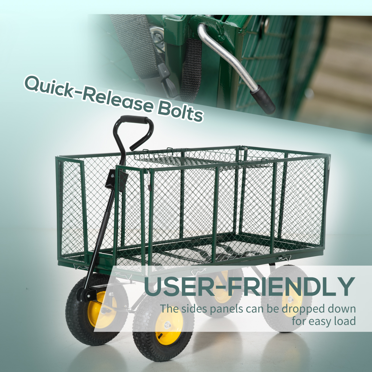 Large 4 Wheel Garden Cart Truck Trolley Wheelbarrow - Green Trailer