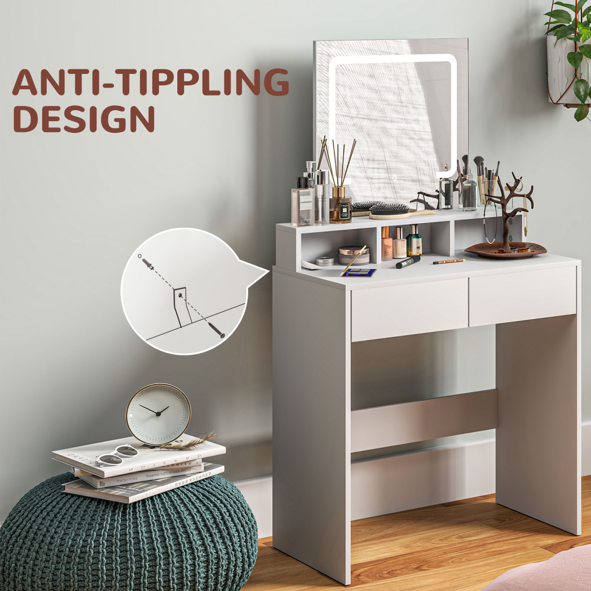 HOMCOM Dressing Table with Mirror, LED Lights, Drawers, for Bedroom, White