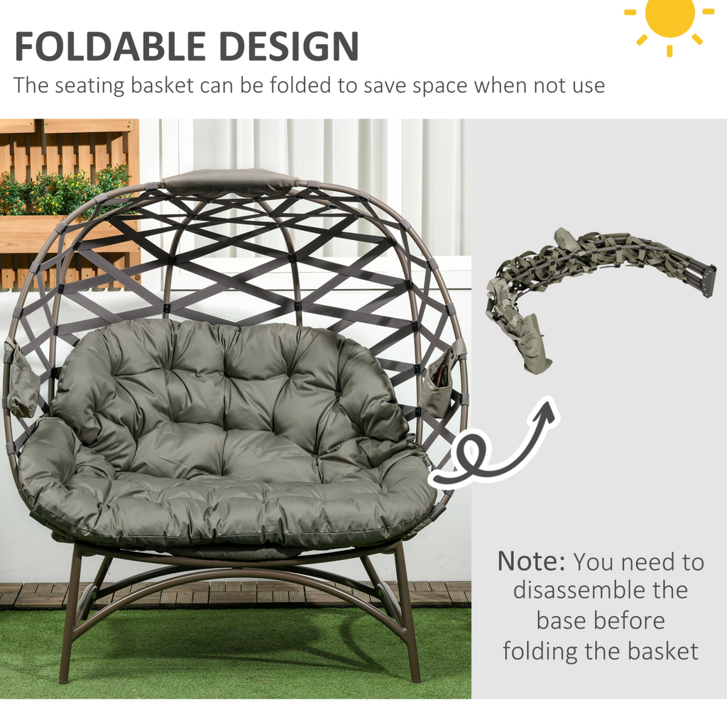 Outsunny 2 Seater Egg Chair Outdoor with Cushion, Cup Pockets - Sand Brown