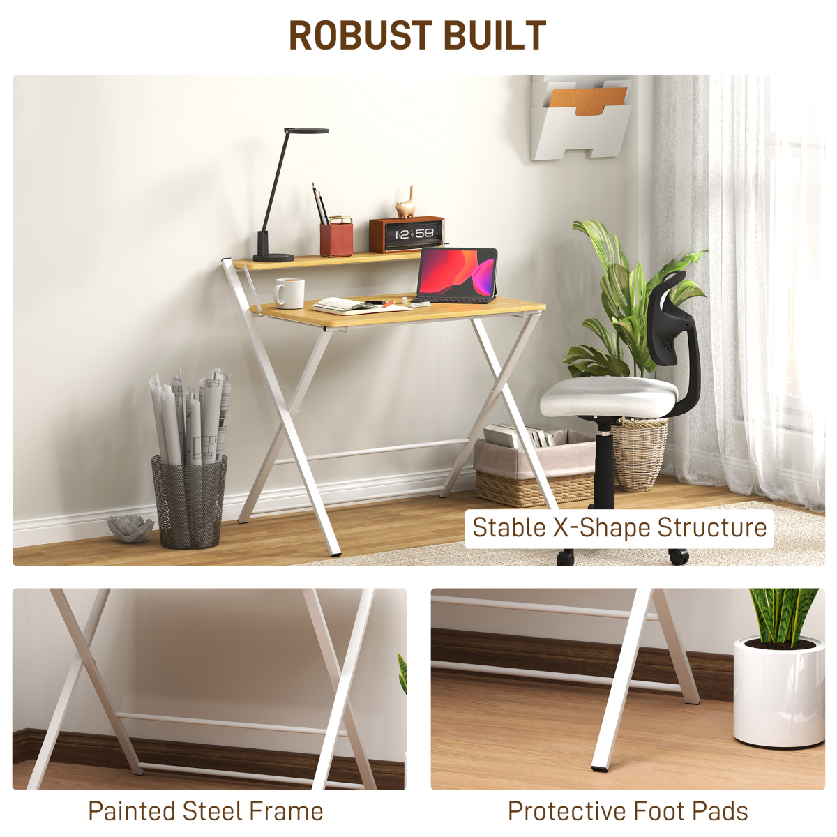 Space-Saving HOMCOM Folding Desk with 2-Tier Shelf – Stylish Maple Wood Design