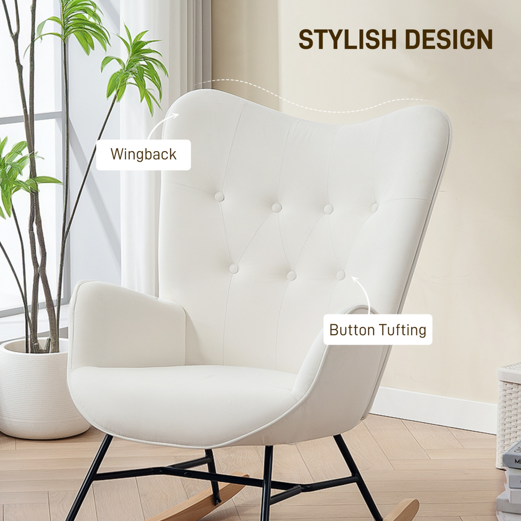 HOMCOM Upholstered Velvet Rocking Chair with Solid Wood Legs, Cream