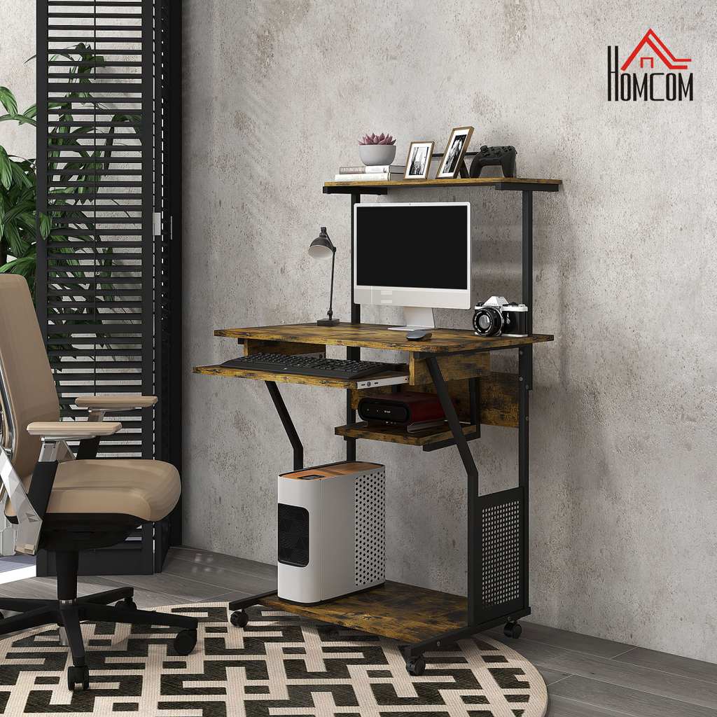 HOMCOM Rustic Brown Rolling Computer Desk with Keyboard Tray & Storage
