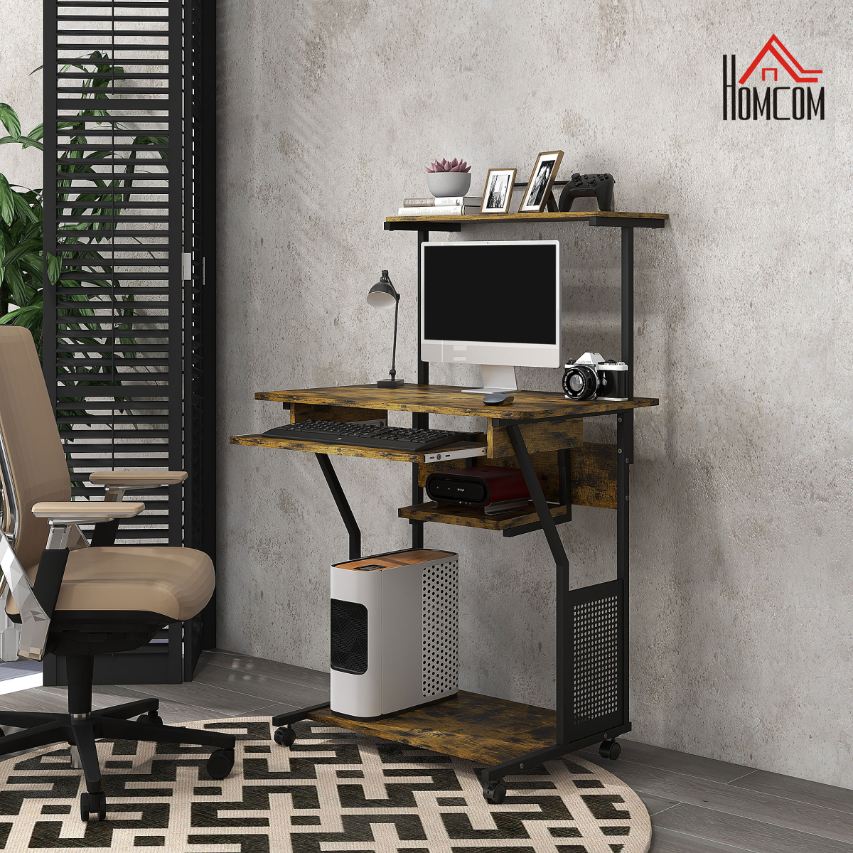 HOMCOM Rustic Brown Rolling Computer Desk with Keyboard Tray & Storage