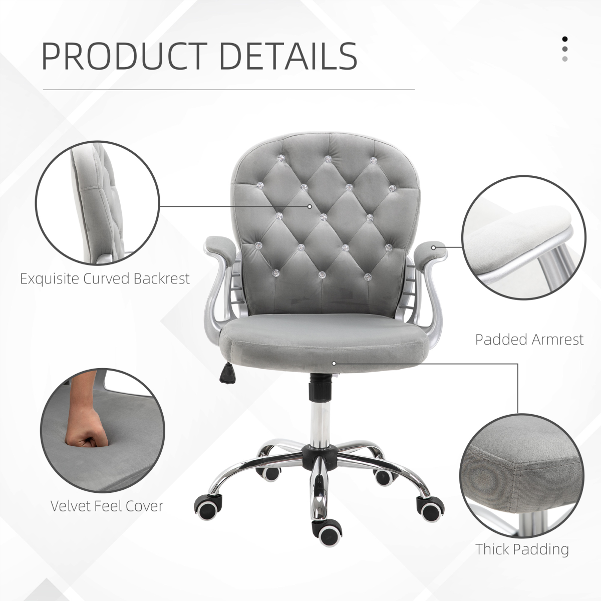 Sparkling Elegance: Ergonomic Velvet Diamond-Tufted Office Chair in Grey