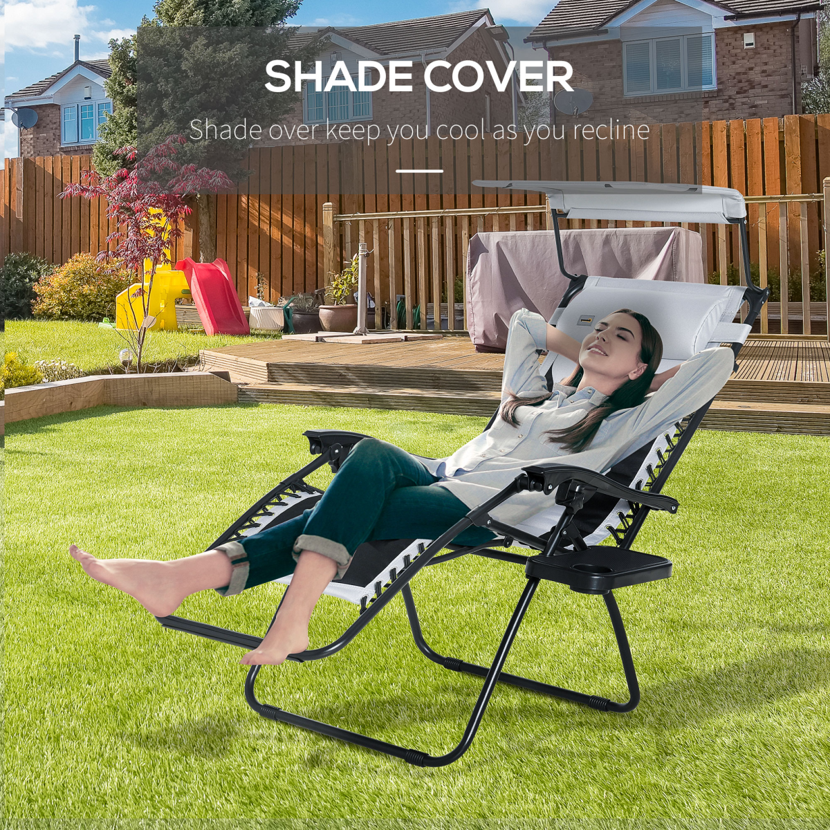 Zero Gravity Lounger Chair, Shade Cover, Cup Holder Headrest Grey