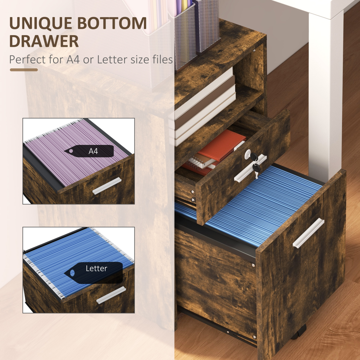 Vinsetto Rustic Mobile File Cabinet - Lockable, Wheeled & Stylish Storage Solution