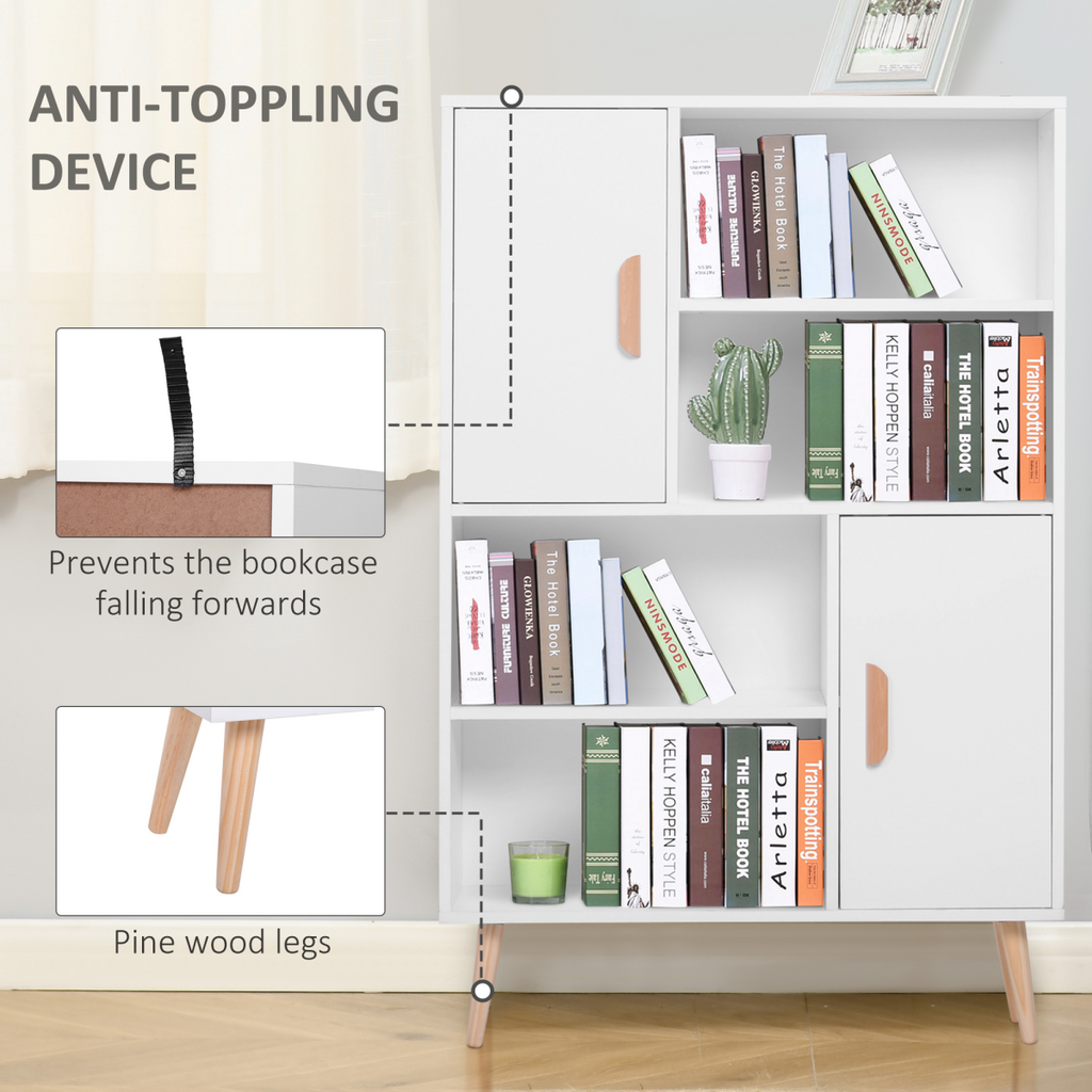 Elegant White Freestanding Bookcase with Dual Doors & Ample Storage Space