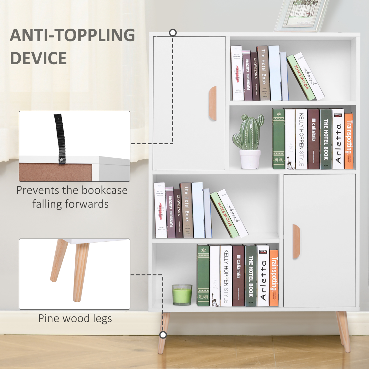 Elegant White Freestanding Bookcase with Dual Doors & Ample Storage Space
