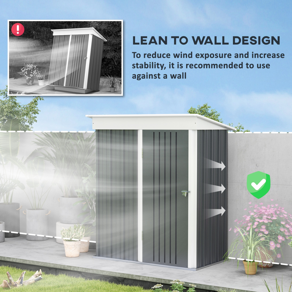 Small Garden Shed, Steel Lean-to Shed for Bike with Adjustable Shelf, Lock, 5x3