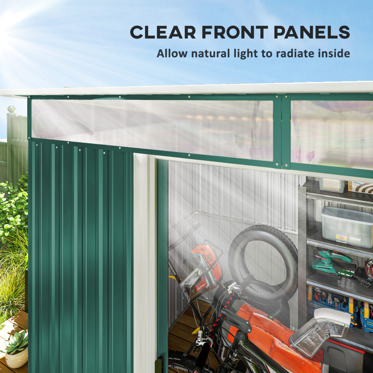 Pent Roofed Metal Garden Shed Foundation and Vent 260x194x200cm Green