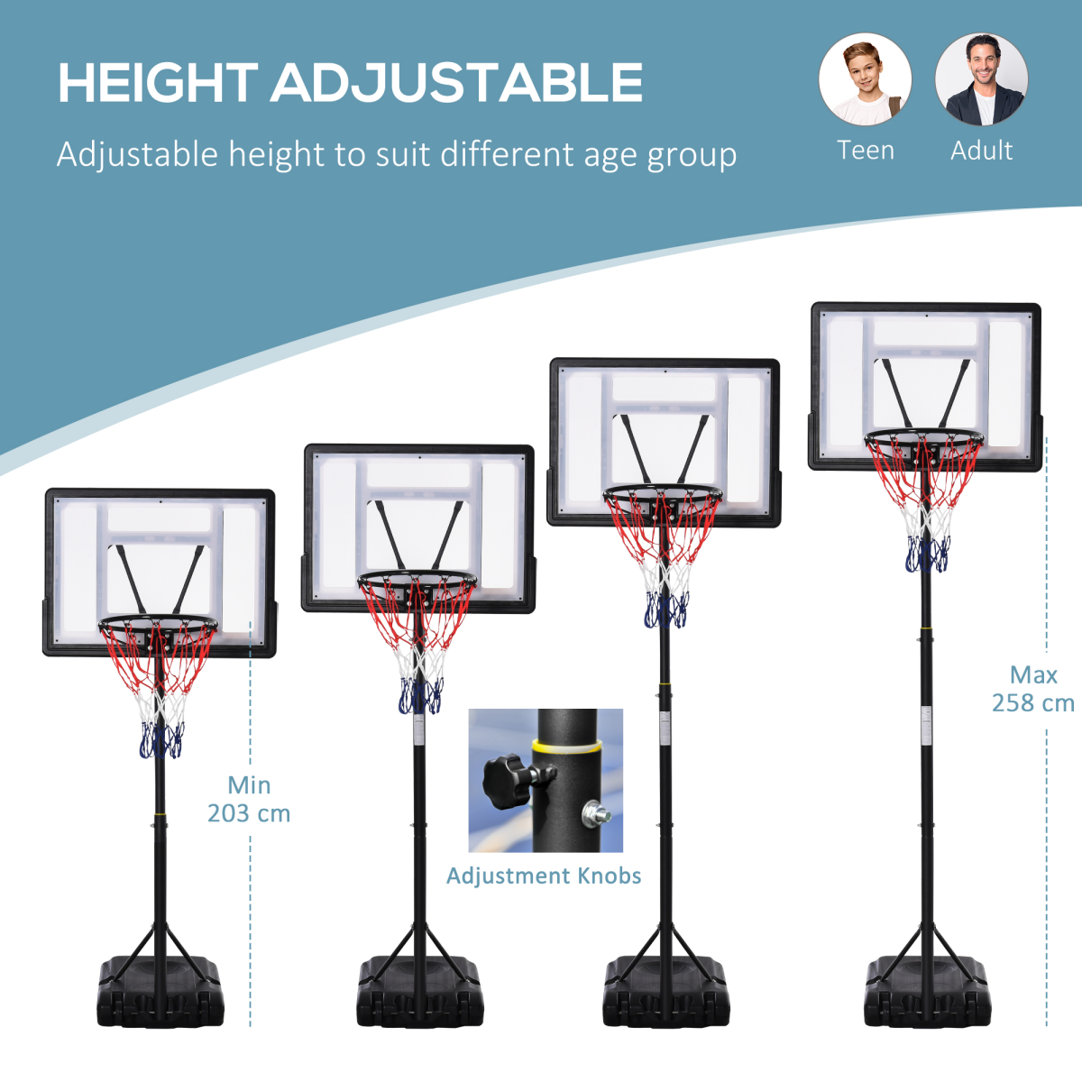 HOMCOM 1.55-2.1m Basketball Hoop and Stand w/ Fillable Base, Wheels, Black