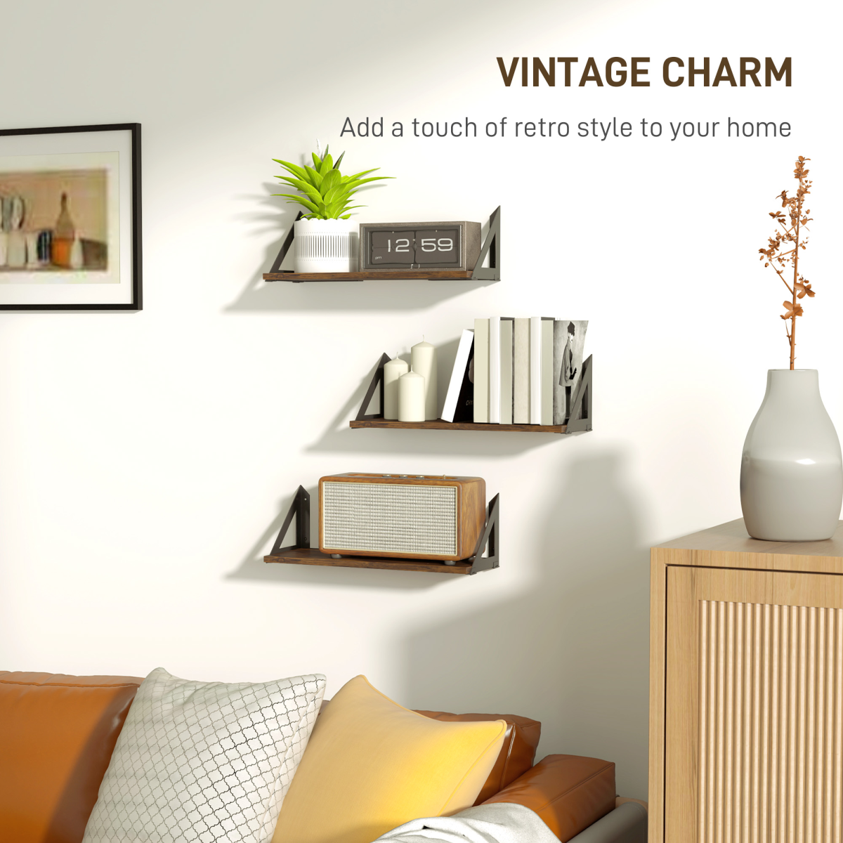 HOMCOM Set of 3 Vintage Wall Shelves for Living Room Rustic Brown