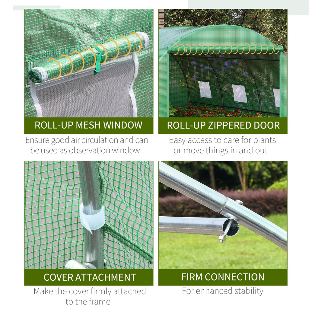 4x3x2m Tunnel Greenhouse Walk-In Hot House Roll Up Door & 6 Windows-Green