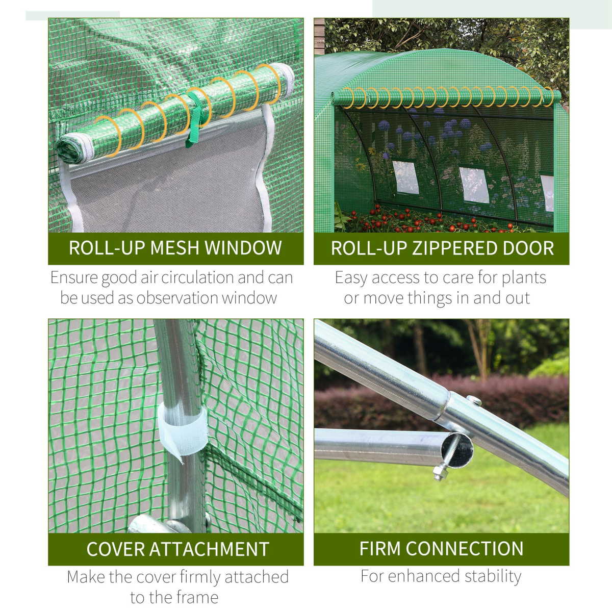 4x3x2m Tunnel Greenhouse Walk-In Hot House Roll Up Door & 6 Windows-Green