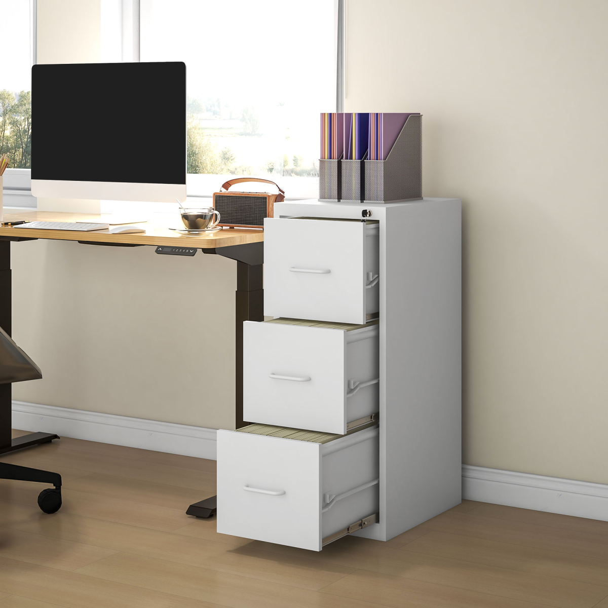 HOMCOM 3 Drawer Filing Cabinet Steel File Cabinet for A4 Letter Size White