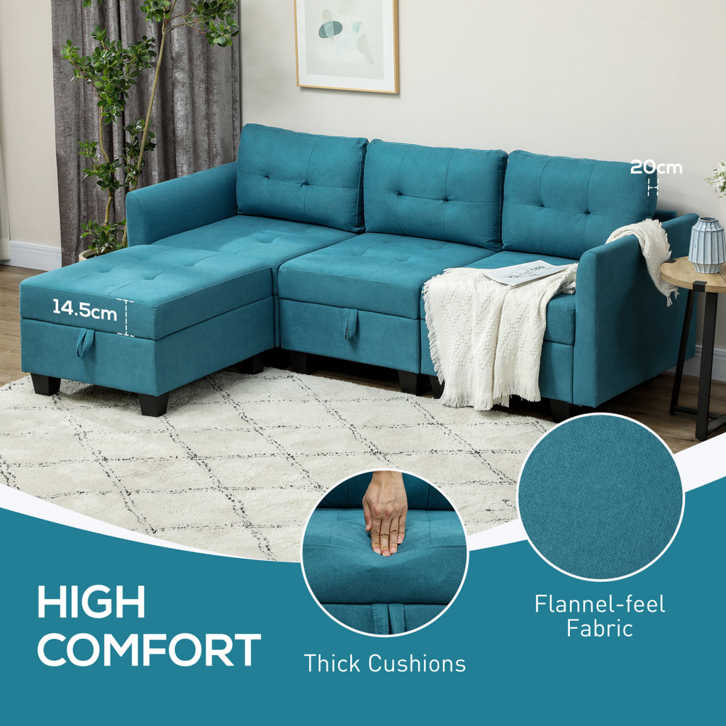 HOMCOM Convertible Modular Sectional Sofa w/ Storage Wood Frame Light Blue