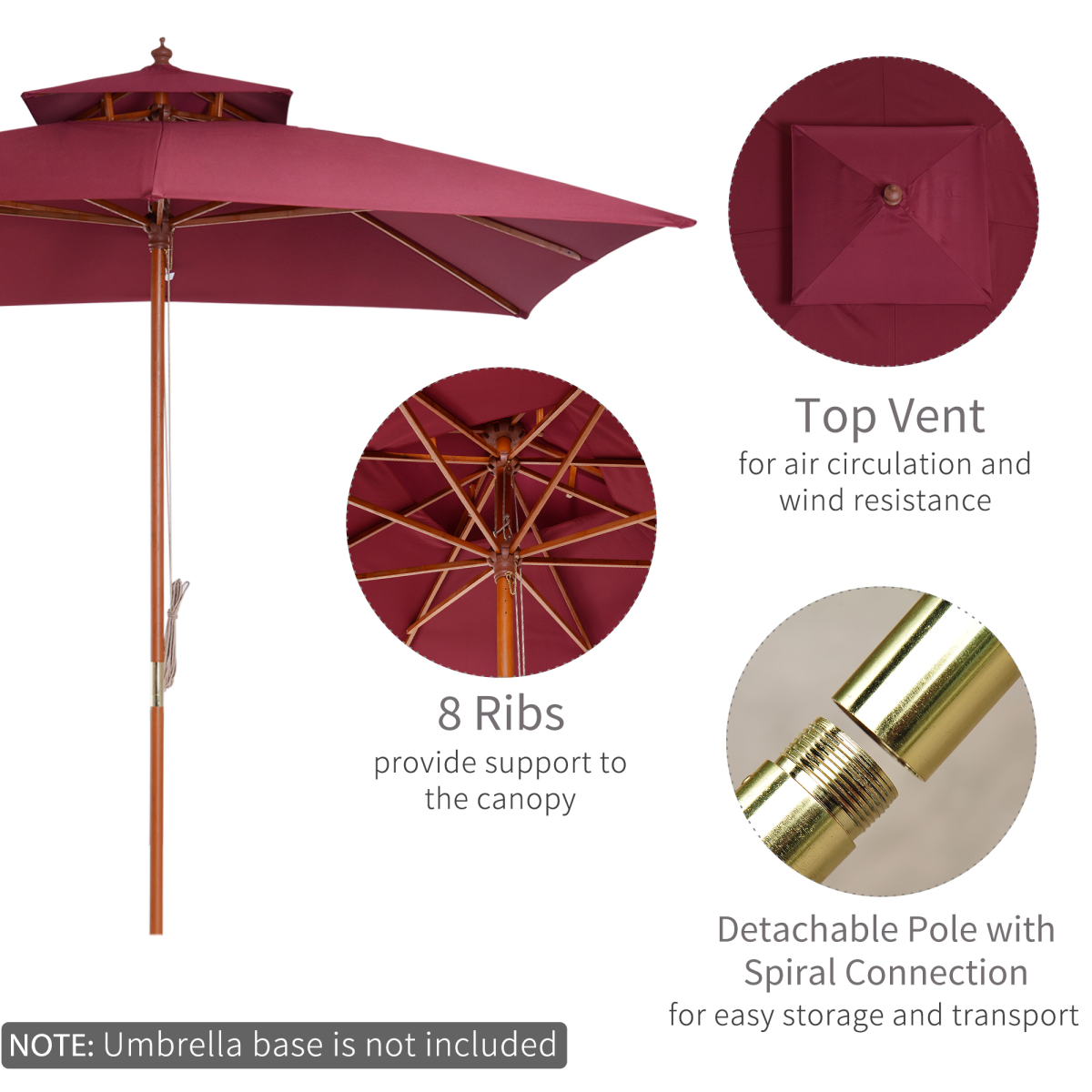 3m Patio Umbrella Bamboo Umbrella Parasol-Wine Red