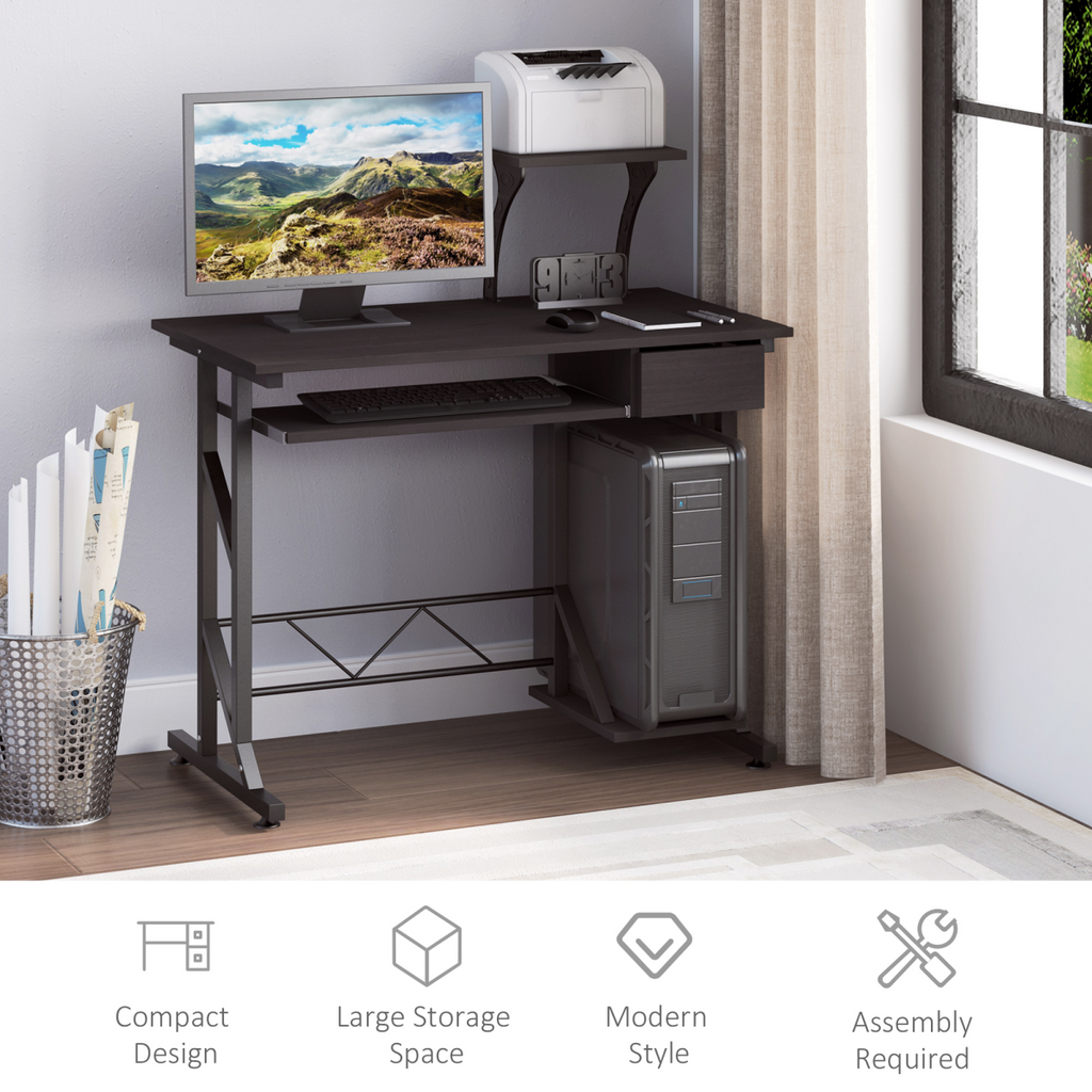Compact Modern Home Office Desk with Sliding Tray & Movable Shelf - Dark Brown