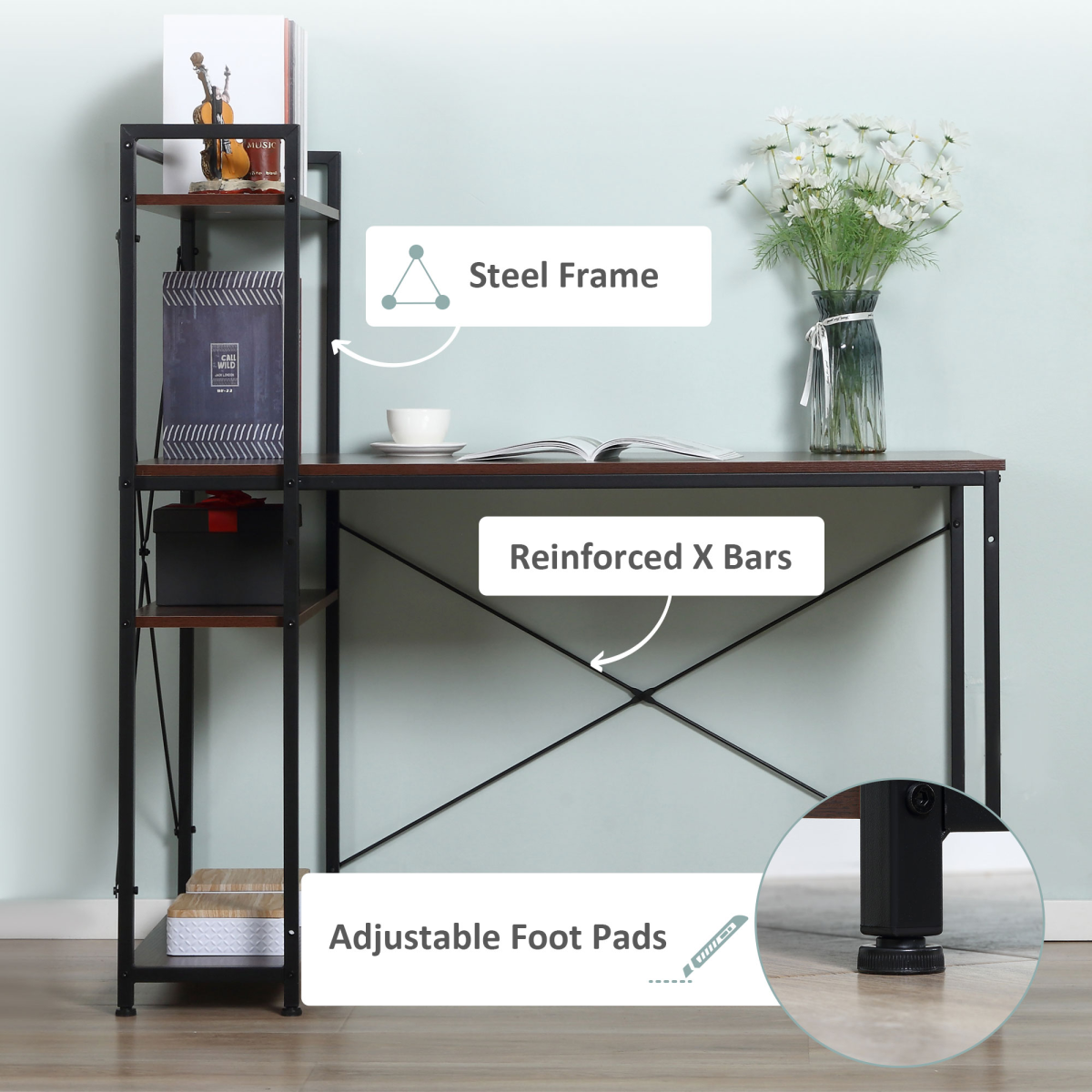 Computer Workstation, Metal Frame-Walnut/ Black