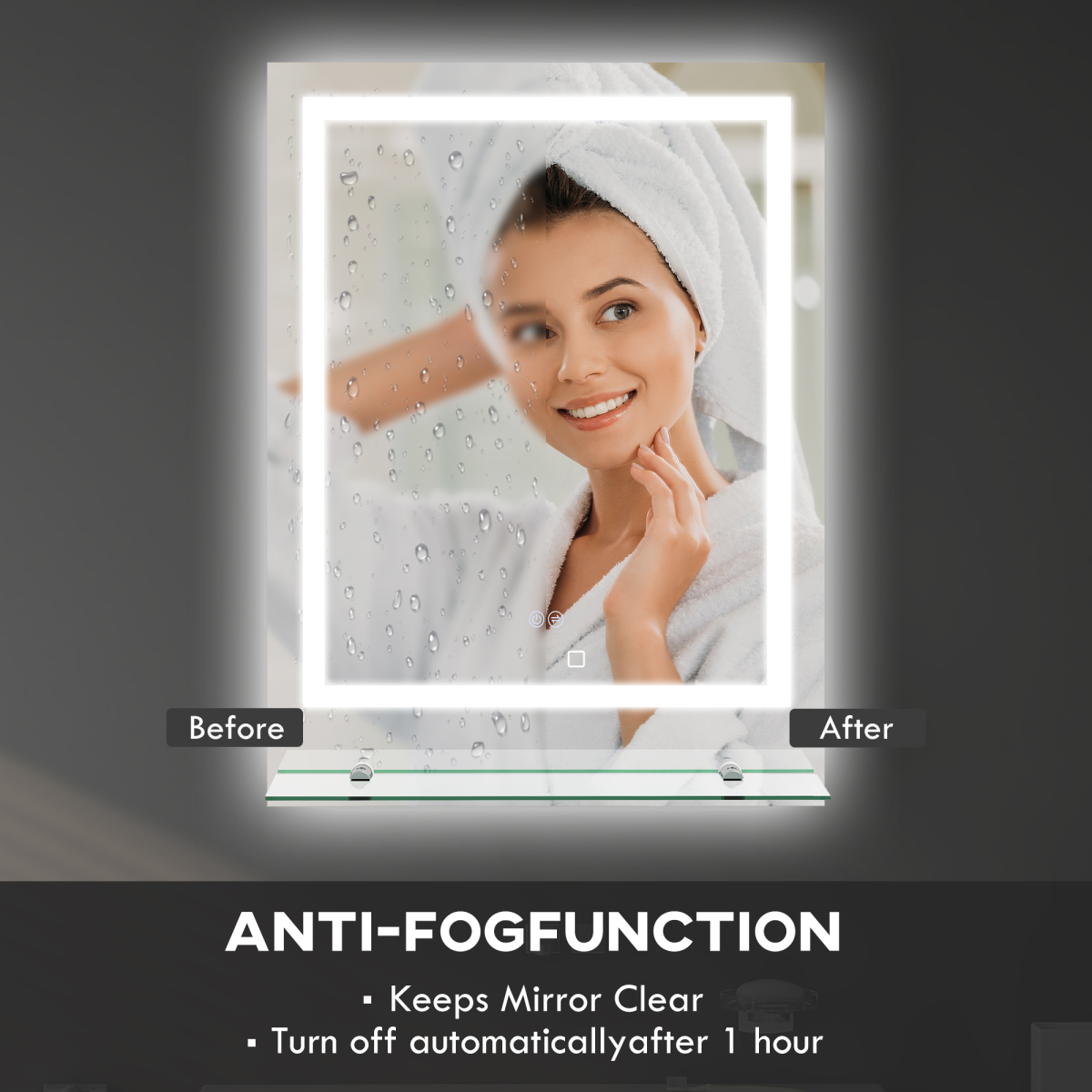 kleankin Dimmable Bathroom Mirror with LED Lights, 3 Colours, Defogging Film