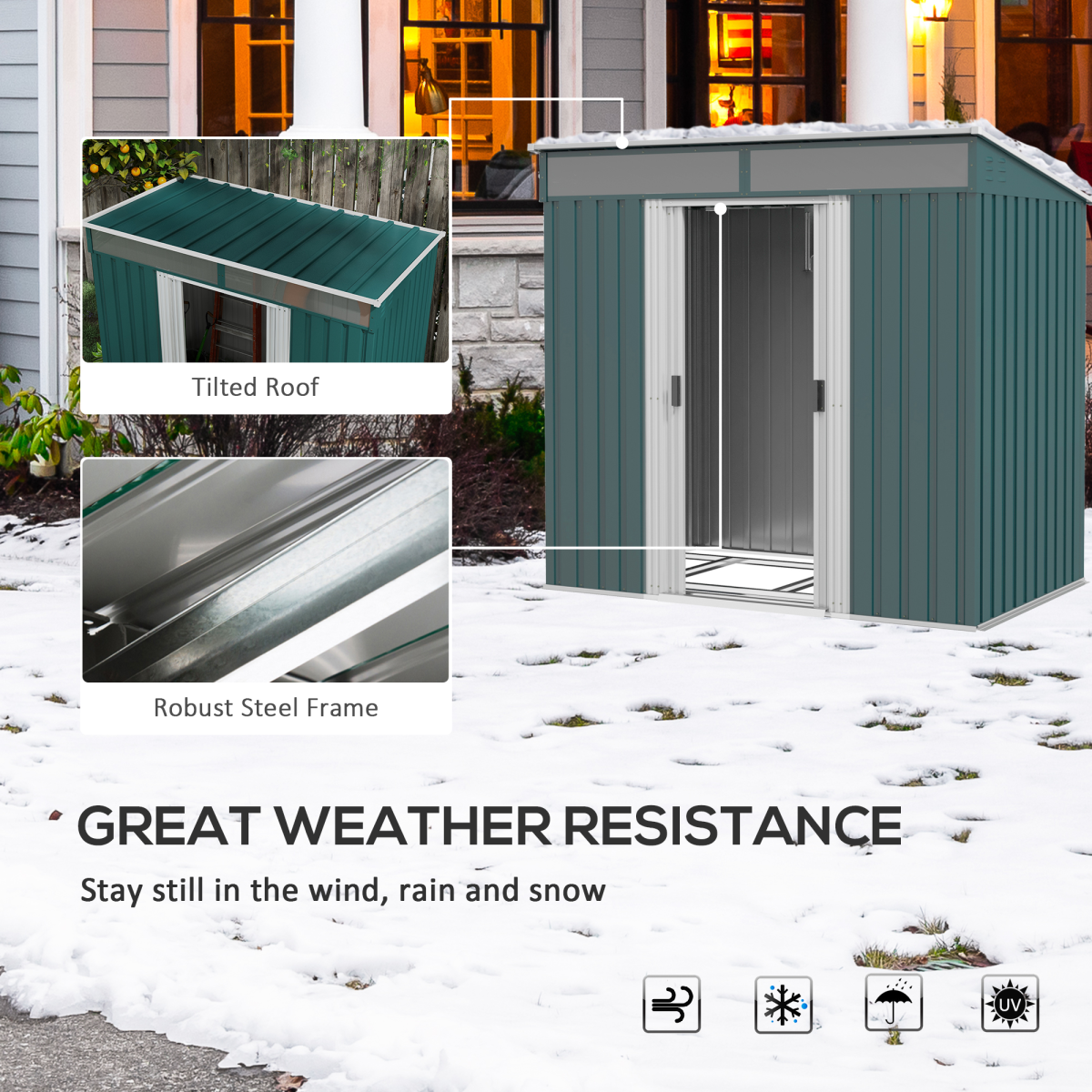Outsunny 6.5x4FT Garden Shed with Foundation Lockable Metal Tool Shed Green