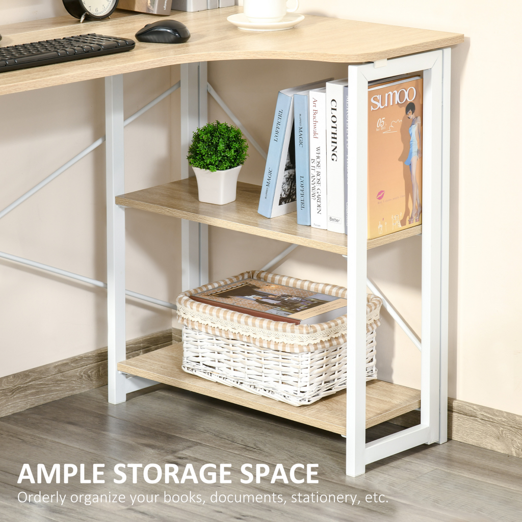 L-Shape Folding Computer Desk Study Workstation with 2 Shelves Oak Tone