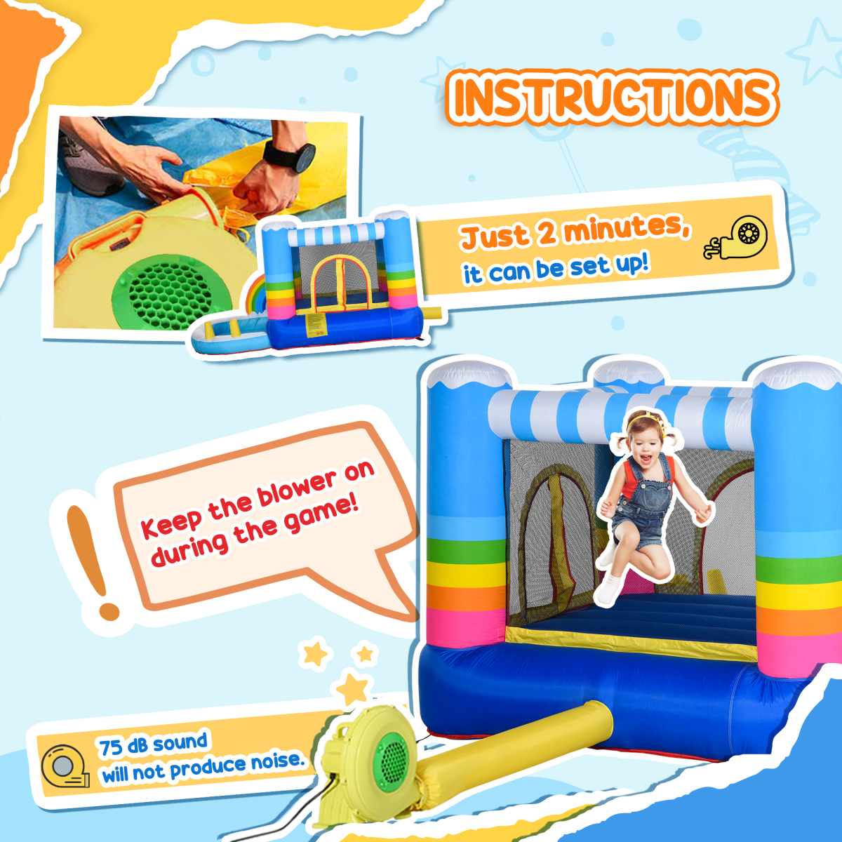 Kids Bouncy Castle with Pool Outdoor Trampoline W/ Net Blower 3-8 Yrs