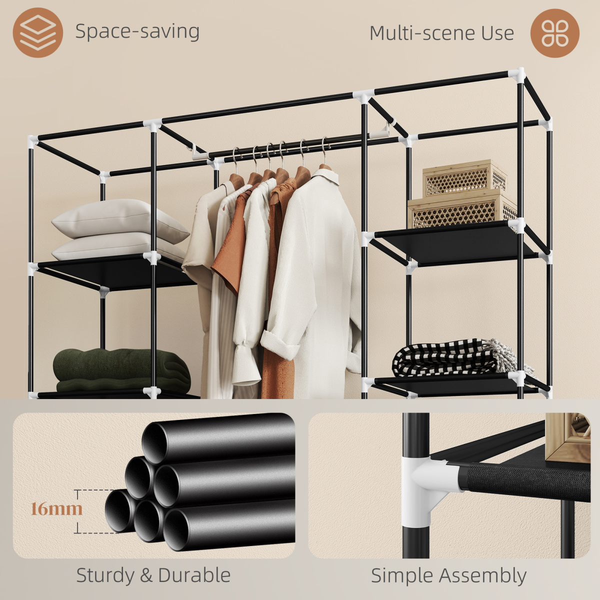 Fabric Wardrobe Portable Wardrobe with 10 Shelves 1 Hanging Rail Black