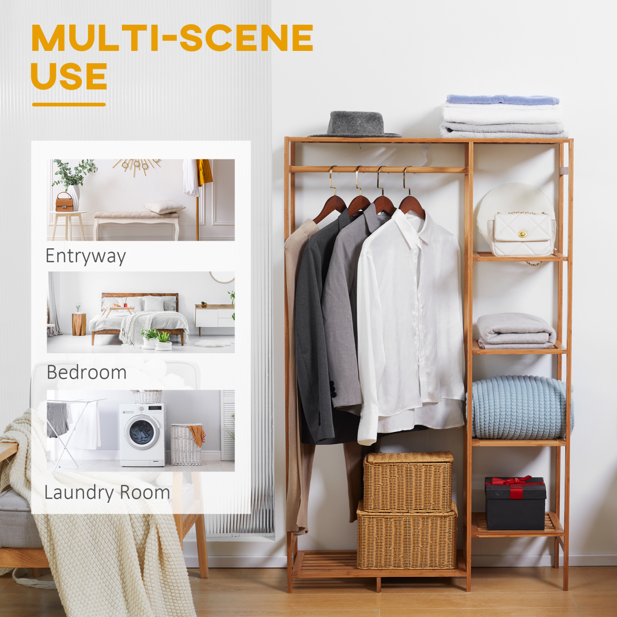 Bamboo Clothes Rail Garment Rack with 6 Tier Storage Shelf Hanging Rod