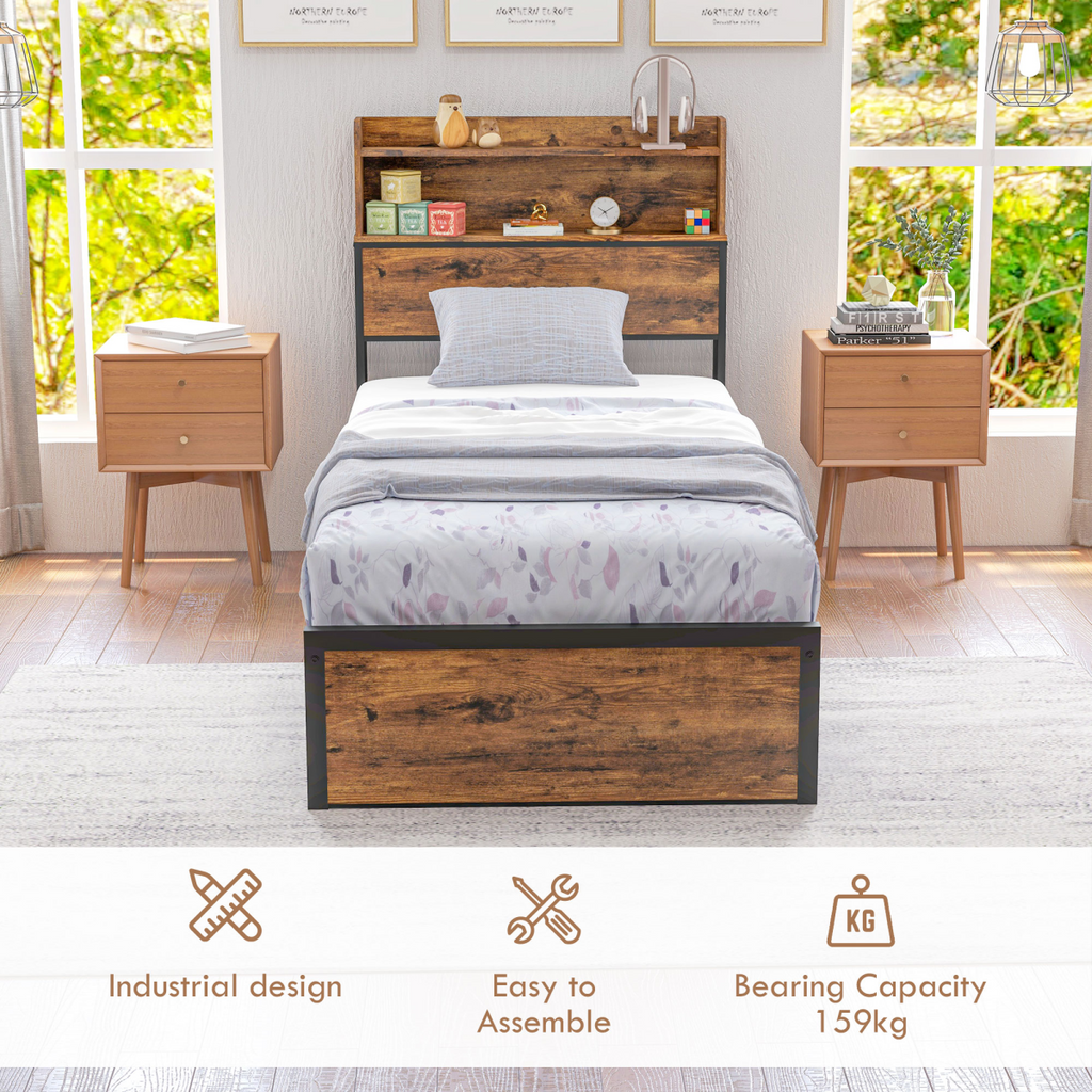 HOMCOM 3.1FT Single Bed Frame with Storage Headboard and Under Bed Storage