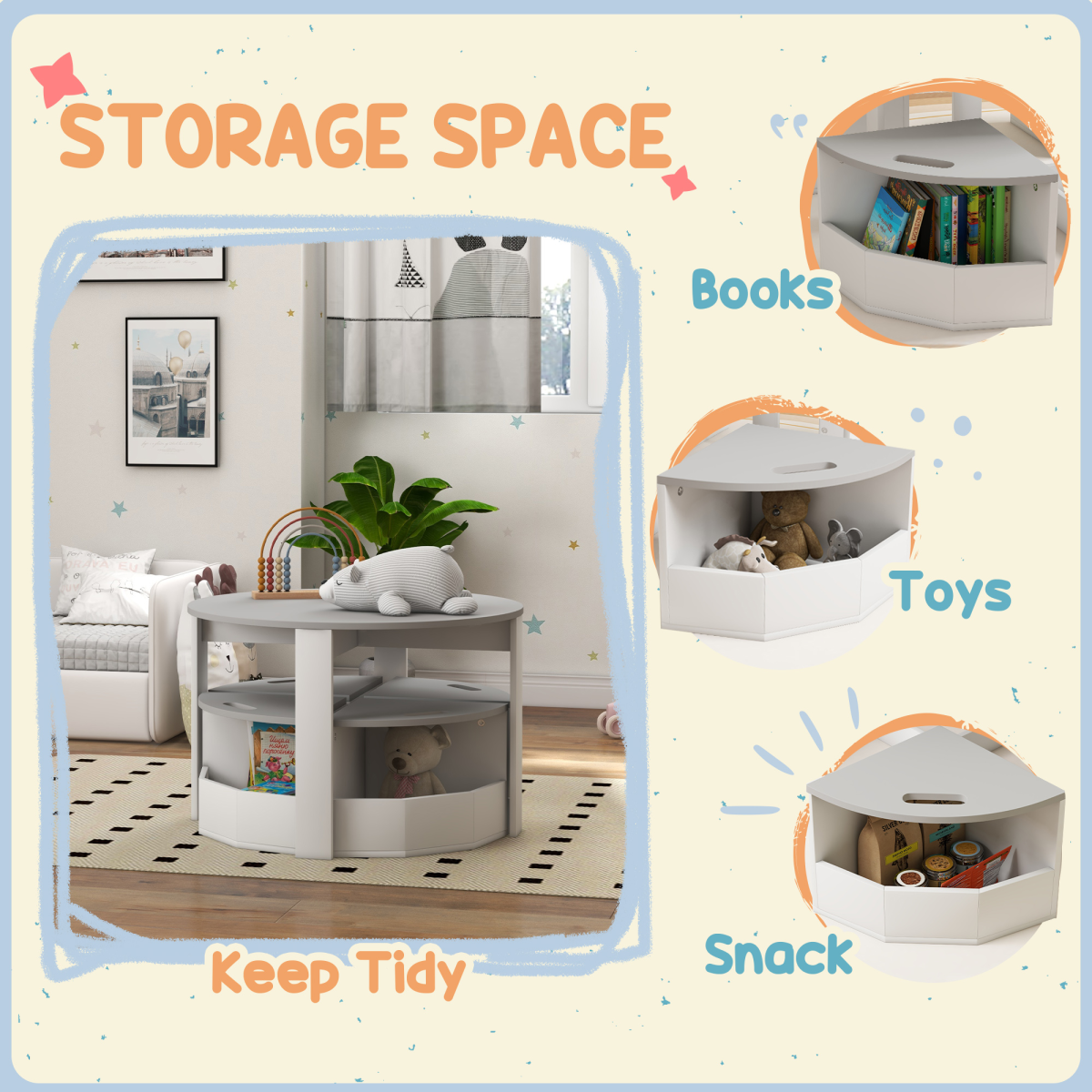 AIYAPLAY 5-Piece Kids Table and Chairs Set w/ Storage for 3-8 Years Old-Grey