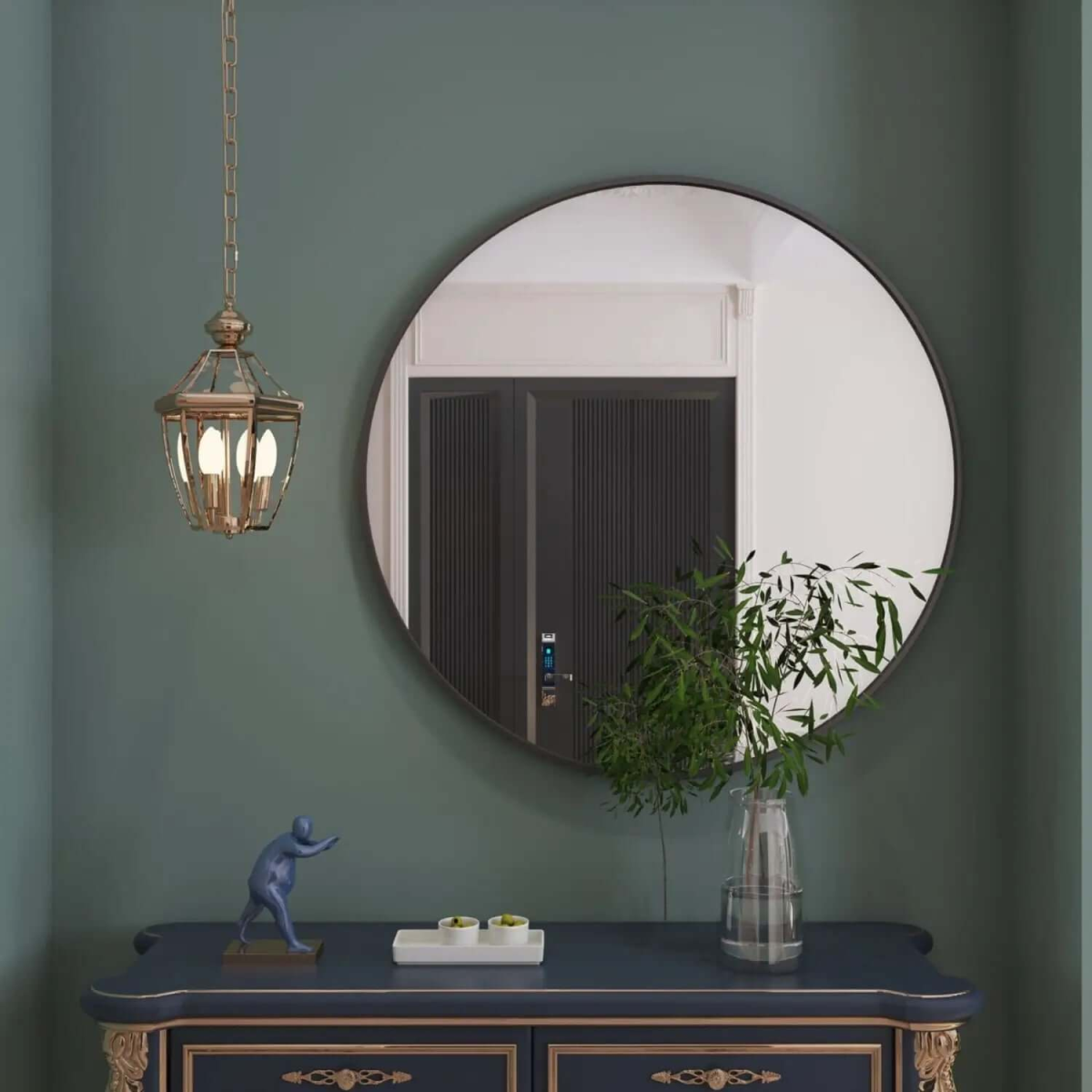 Rei Large Round Black Metal Mirror - 90cm x 90cm Modern Elegance