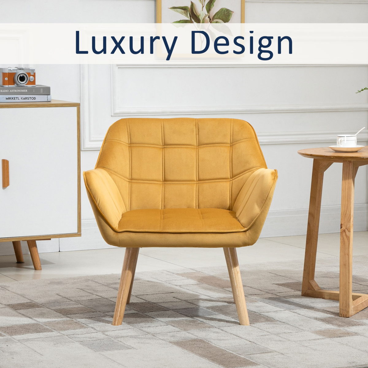 Luxe Velvet-Feel Accent Chair w/ Wide Arms Slanted Back Padding Wood Legs Yellow