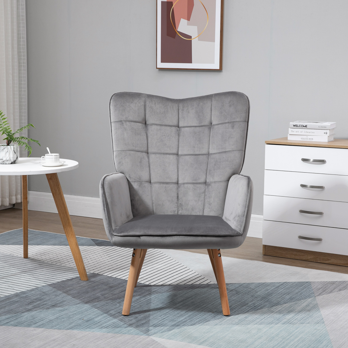 HOMCOM Modern Accent Chair Velvet-Touch Tufted Wingback Armchair Grey