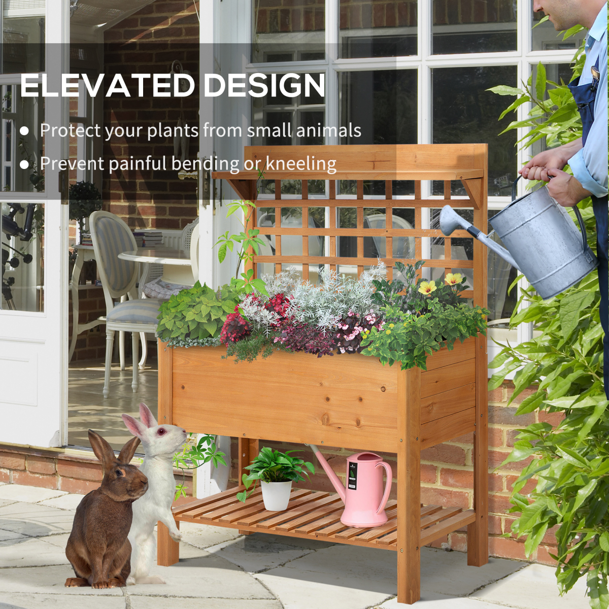105x40x135cm Wooden Planter Raised Elevated Bed Planter Flower with 2 Shelves