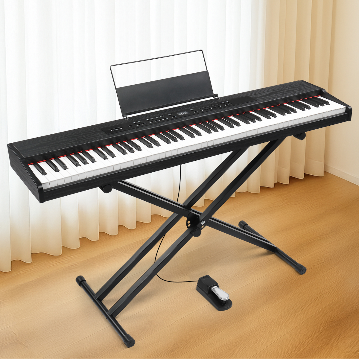 GPPD01-203 88 Key Semi-Weighted Standard Keyboards Digital Piano with Metal Stand, MIDI Bluetooth, Triple Pedals, Headphone and Other accessories for Piano beginner Black color