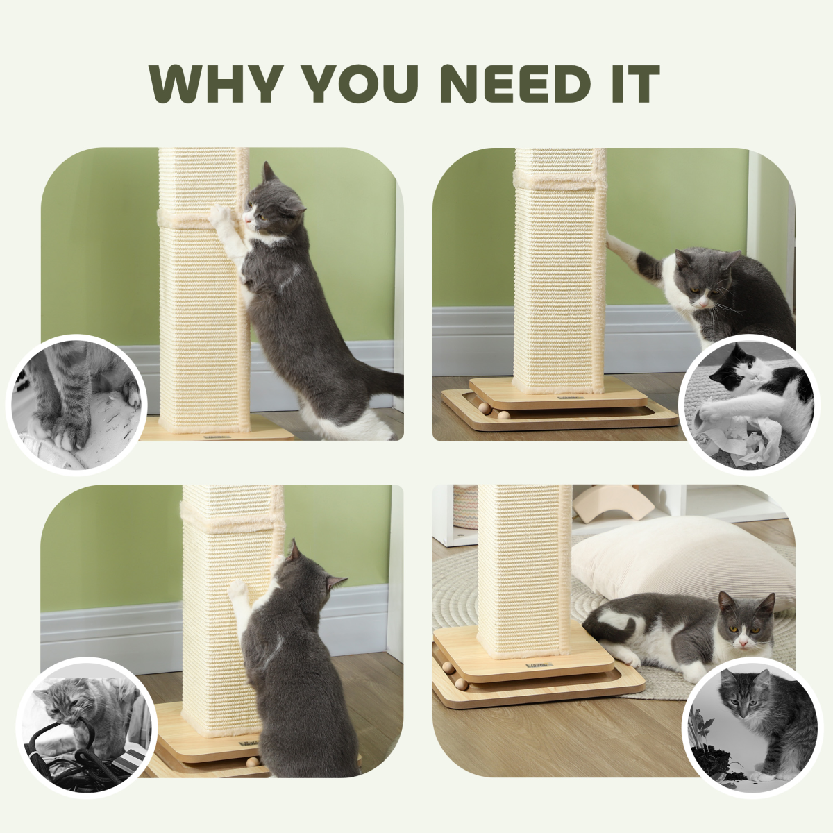 PawHut 87cm Cat Scratching Post 3 in 1 Cat Scratcher w/ Track Ball Toy