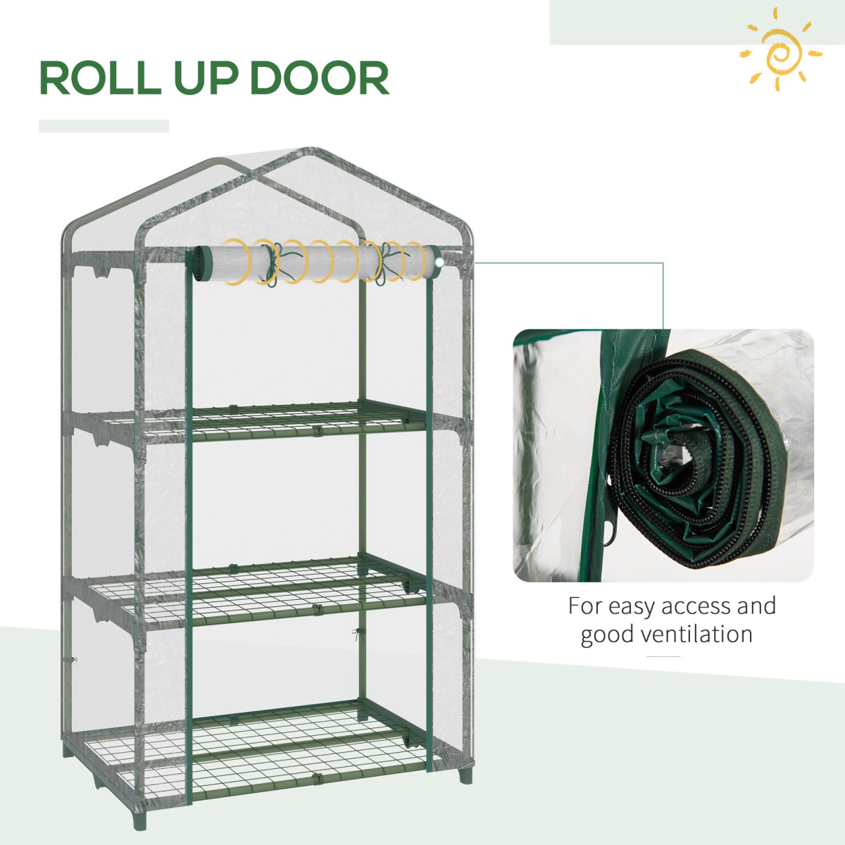 3 Tier Mini Greenhouse Roll Up Door Wire Shelves, 69x49x125cm, Clear