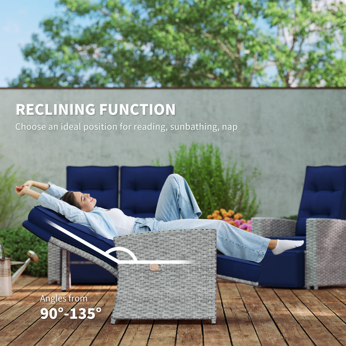 Stylish Grey Rattan Outdoor Set with Reclining Loveseat & Armchairs