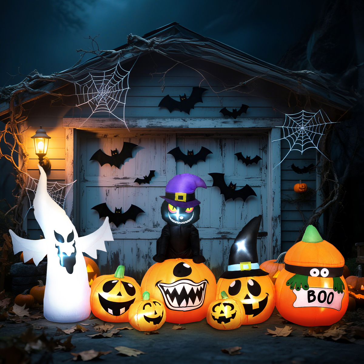 Outsunny 8 FT Blow Up Halloween Inflatables Pumpkin Ghost and Cat Combo