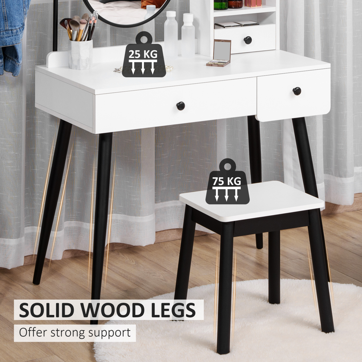 Dressing Table Set with 3 Drawers, Storage shelves and Stool, White