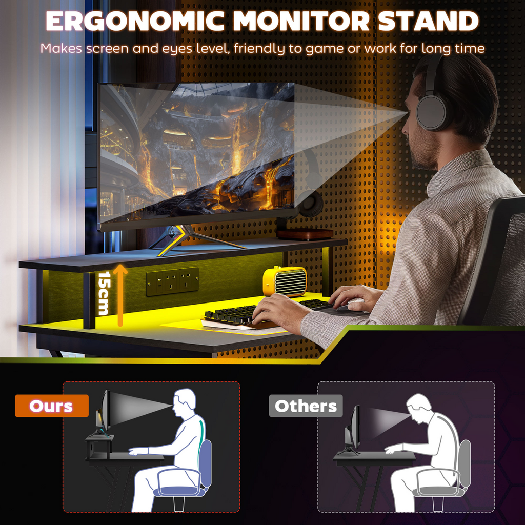 HOMCOM LED Gaming Desk with Power Outlets and Monitor Stand 100 x 60cm Black