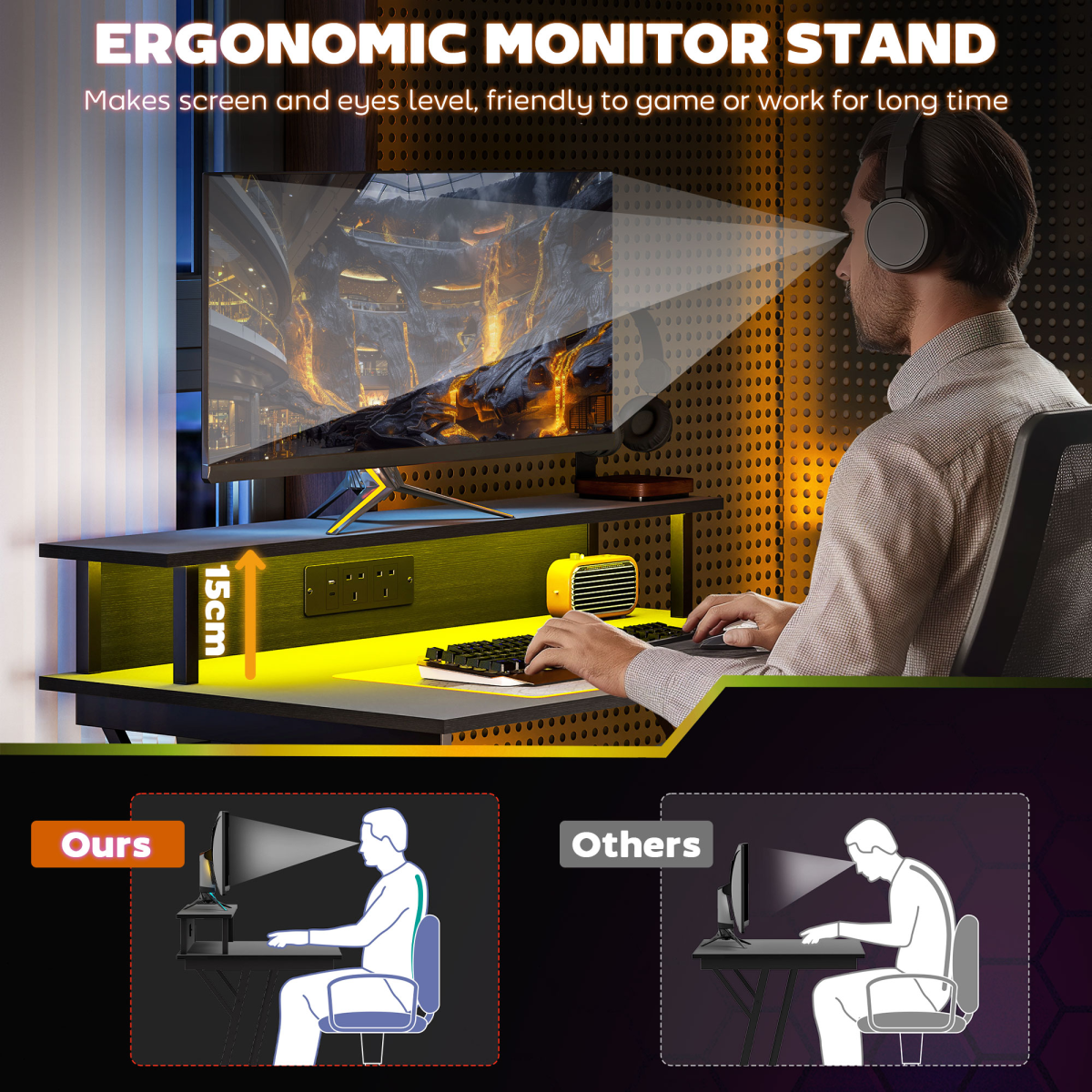 HOMCOM LED Gaming Desk with Power Outlets and Monitor Stand 100 x 60cm Black
