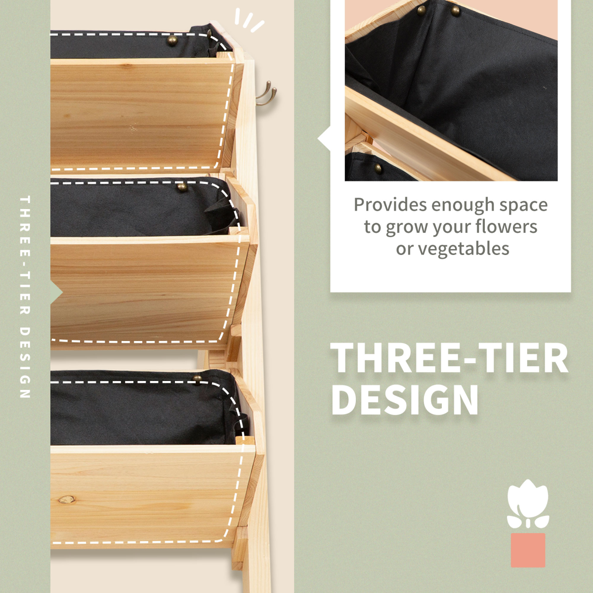 3 Tier Wooden Stand Vertical Plant Bed Storage & Clapboard & Hooks, 120x68x80cm