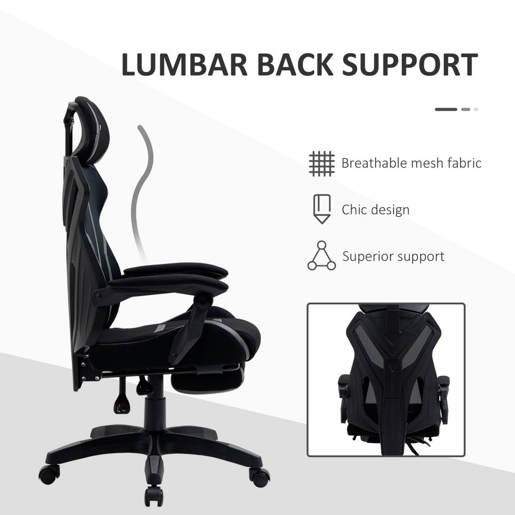 Mesh Task Swivel Chair Office Desk Recliner w/ Lumbar Support, Grey Vinsetto