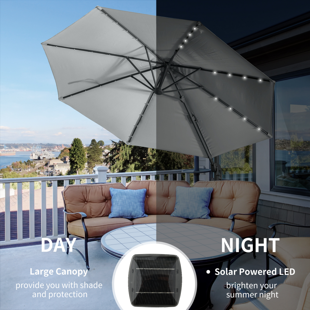 3m Cantilever Roma Parasol Patio Sun Umbrella with LED Solar Light, Grey