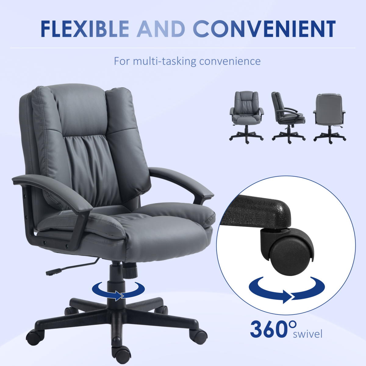 Stylish HOMCOM Dark Grey Faux Leather Mid Back Desk Chair with Adjustable Arms