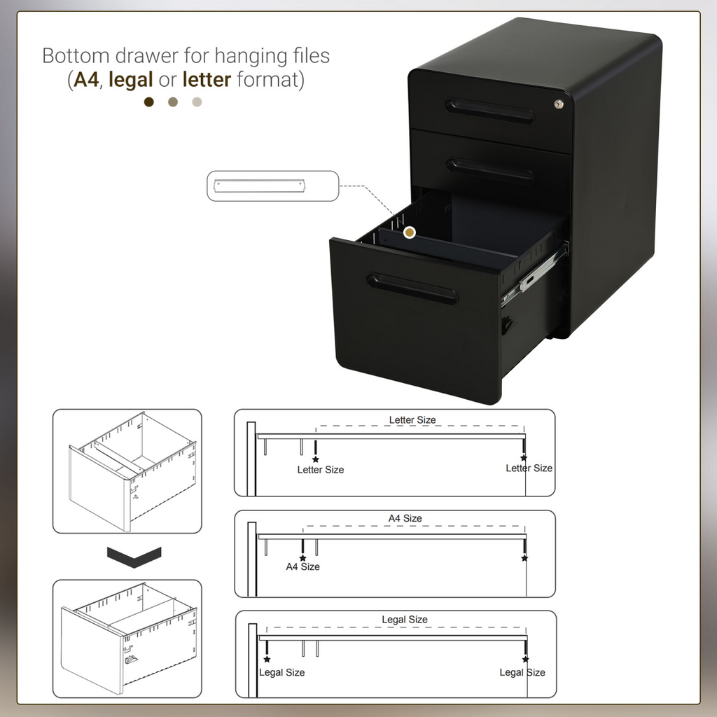 3 Draw Modern Steel Filing Cabinet w/ 4 Wheels Lock Pencil Box Black Vinsetto